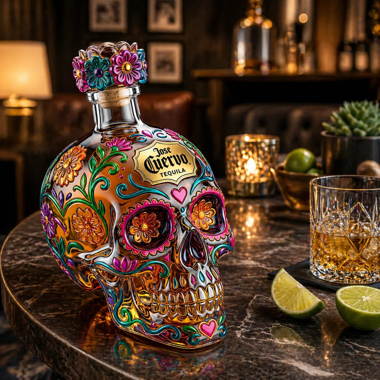 Day of the Dead Inspired Skull Tequila Bottle